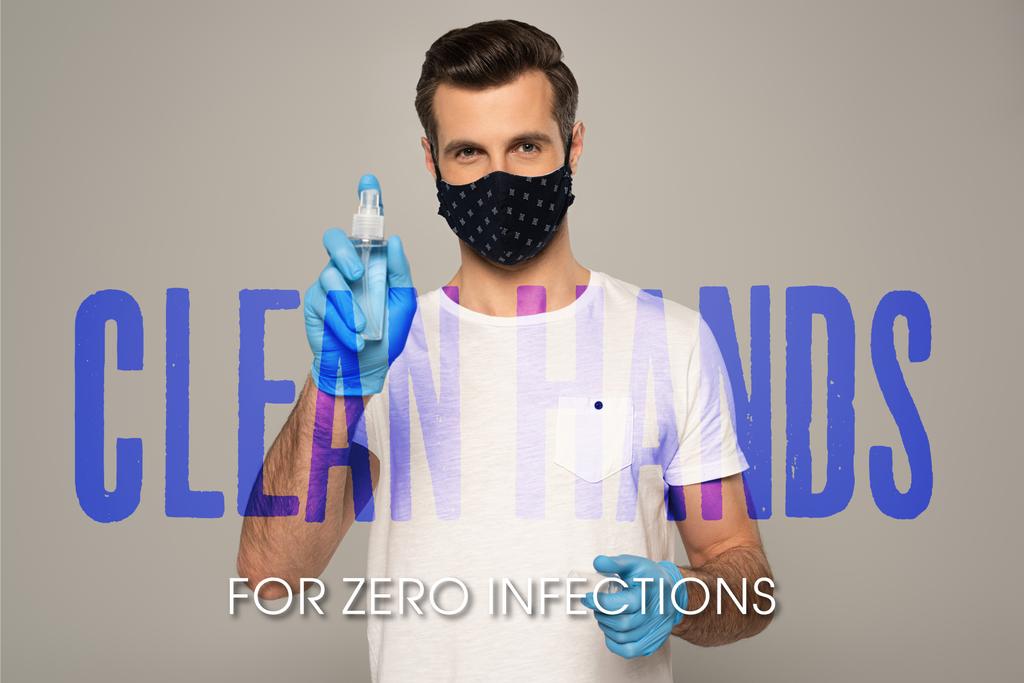 Hombre con guantes de látex y máscara de seguridad que sostiene el desinfectante de manos aislado en gris, manos limpias para cero infecciones ilustración
  - Foto, Imagen