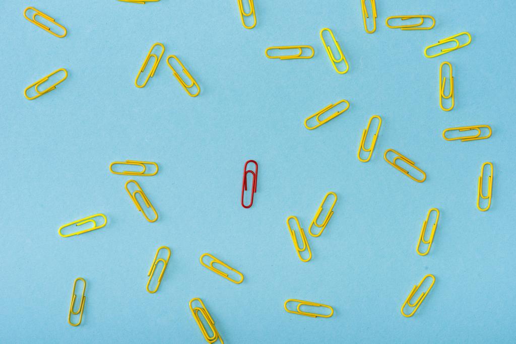 Top view of unique red paper clip among yellow on blue  - Photo, Image