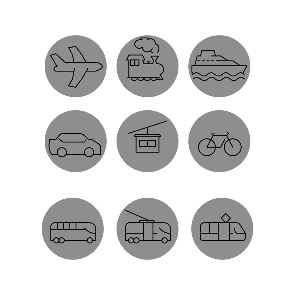 ícones de transporte vetorial em círculos cinzentos sobre fundo branco
 - Vetor, Imagem