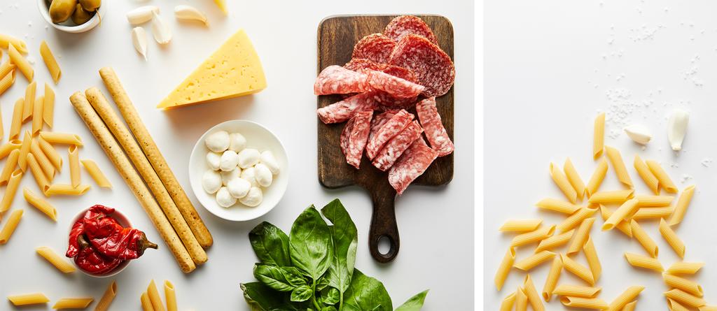 Collage van broodstokjes, vleesschotel, pasta en ingrediënten op witte achtergrond, panoramisch shot - Foto, afbeelding