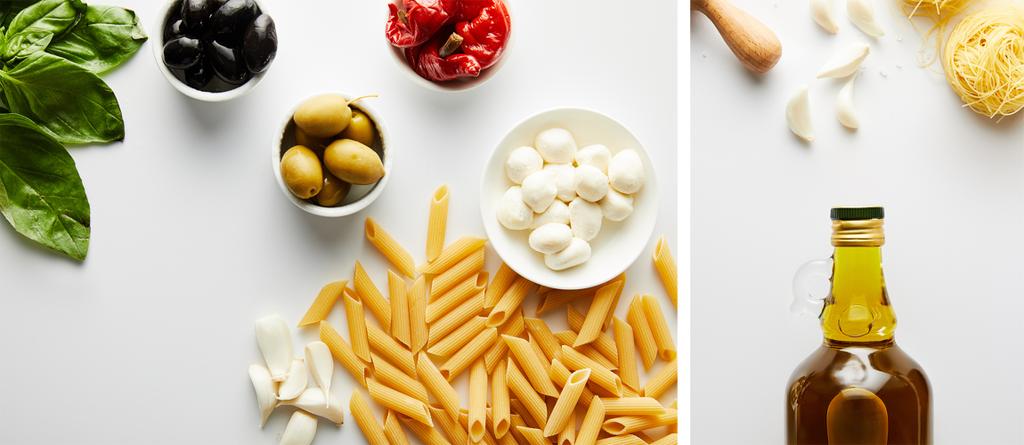 Collage di pasta con ingredienti e bottiglia di olio d'oliva con aglio su fondo bianco, colpo panoramico
 - Foto, immagini