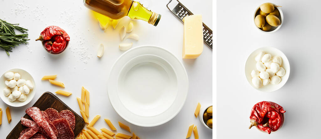 Collage de plato, botella de aceite de oliva, plato de carne, rallador, pasta y cuencos con ingredientes en blanco, plano panorámico
 - Foto, Imagen