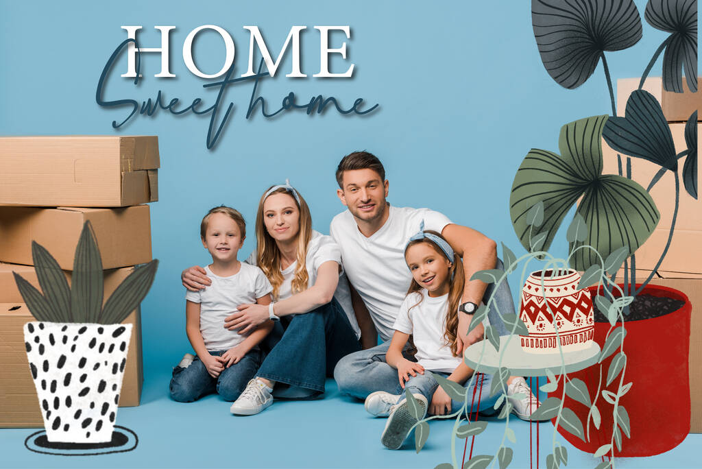счастливые родители обнимают детей и сидят на синем с картонными коробками для перемещения, дома сладкий дом и растения иллюстрации
 - Фото, изображение