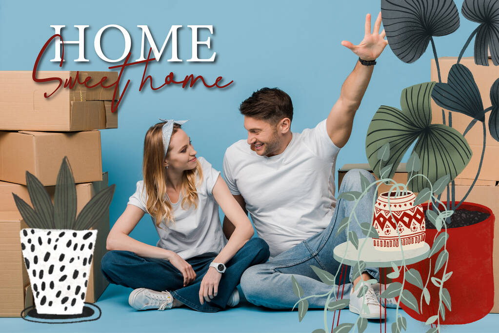 ενθουσιασμένοι ζευγάρι κάθεται κουτιά από χαρτόνι για μετεγκατάσταση σε μπλε, σπίτι γλυκό σπίτι εικονογράφηση - Φωτογραφία, εικόνα