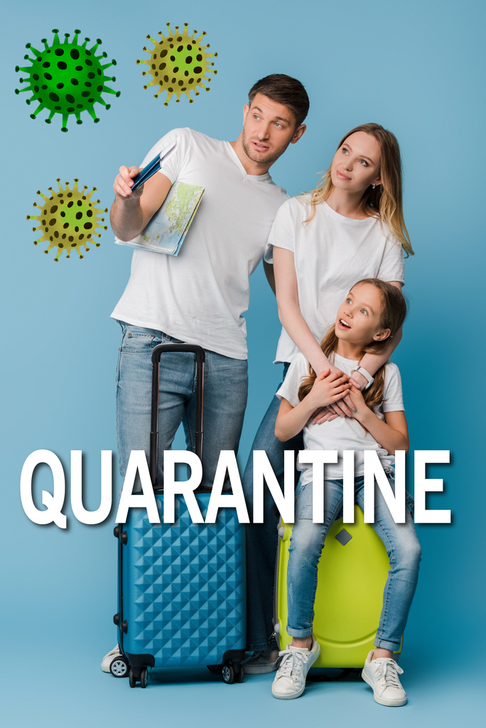 parents and shocked daughter with travel bags, map and passports on blue, quarantine lettering - Photo, Image