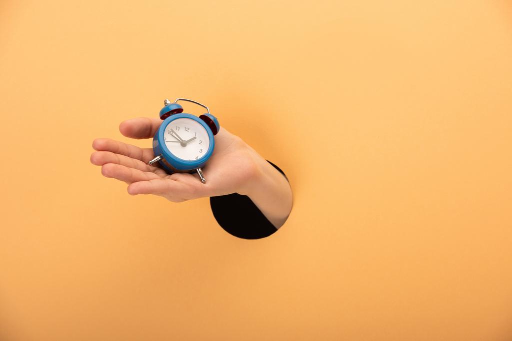 cropped view of woman holding small alarm clock on orange - Photo, Image