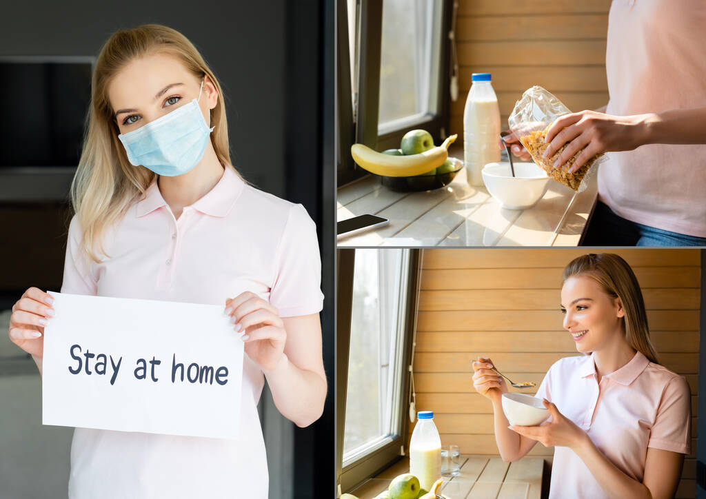 colagem de jovem mulher em máscara médica segurando papel com estadia em casa lettering e tomando café da manhã
   - Foto, Imagem