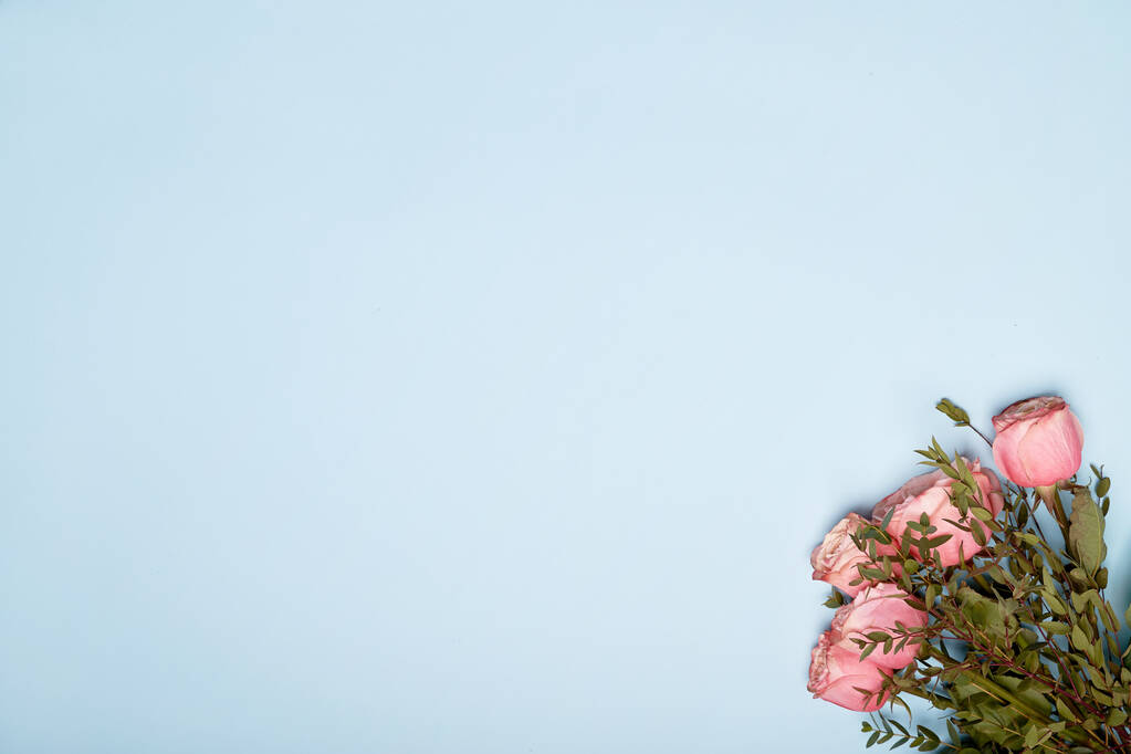 ピンクのバラと緑の葉の花束青い紙の背景  - 写真・画像