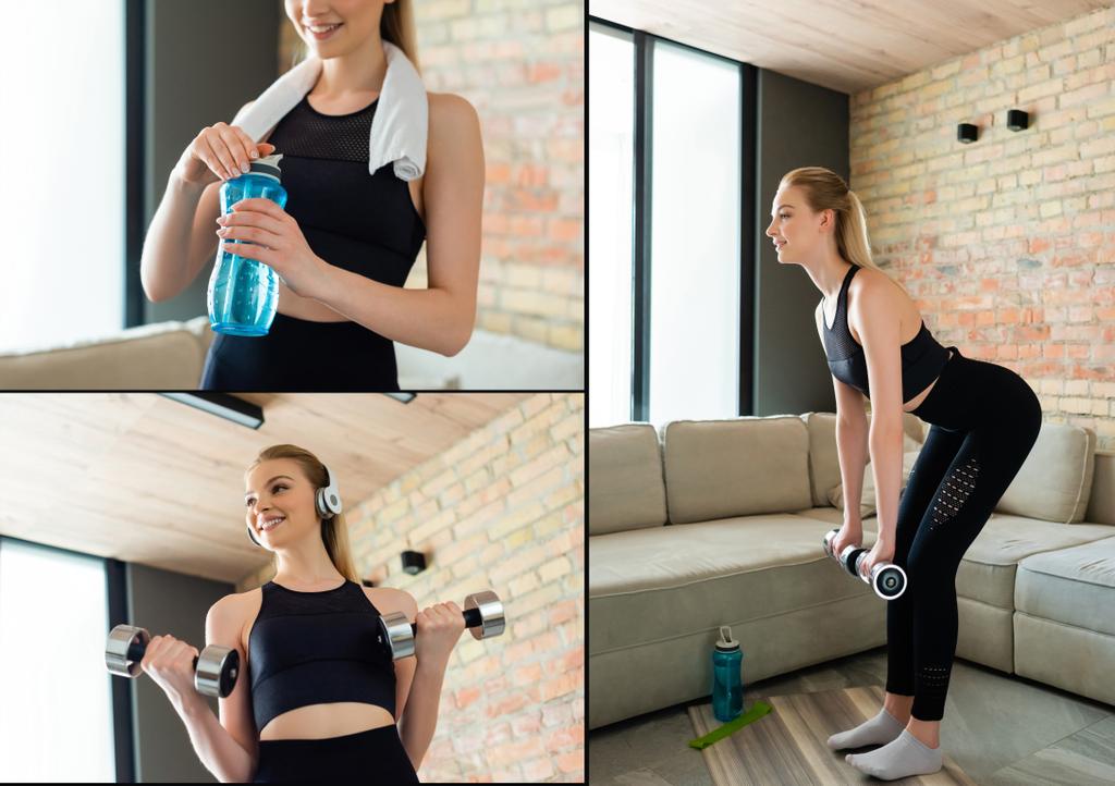 collage de deportista feliz haciendo ejercicio con mancuernas y sosteniendo botella deportiva en la sala de estar
  - Foto, imagen