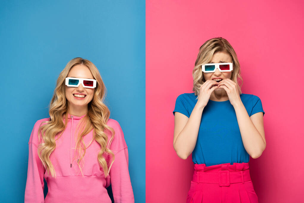 Smiling and scared blonde sisters in 3d glasses on blue and pink background - Photo, Image