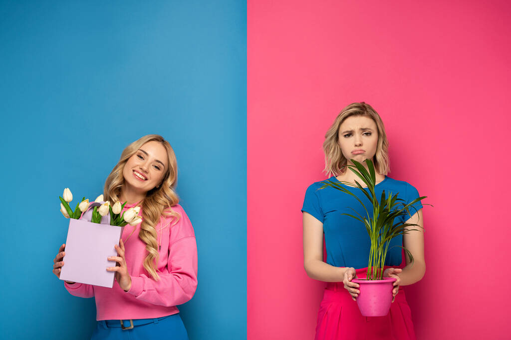 Uśmiechnięta blondynka trzyma bukiet w pobliżu smutnej siostry z rośliną na różowym i niebieskim tle - Zdjęcie, obraz