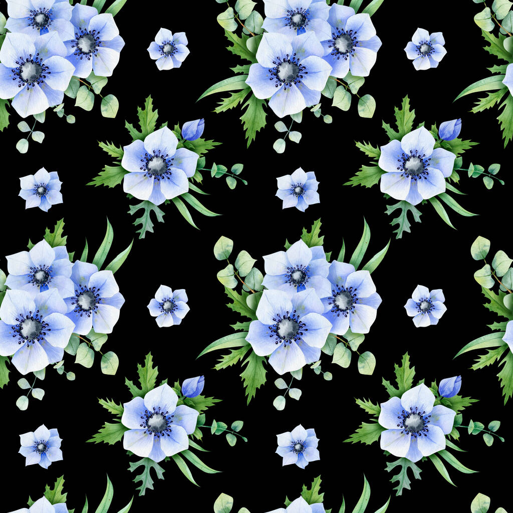 Seamless pattern of anemone with eucalyptus for fabric, wedding invitation, card backgrounds. - Photo, Image