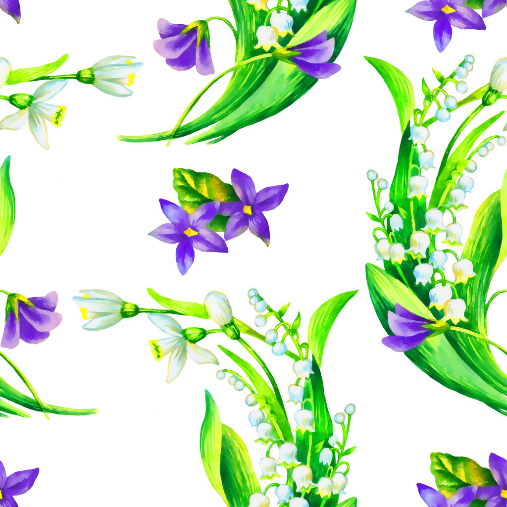 Άνοιξη λουλούδια: πτώση χιονιού, μπορεί-lilly, βιολιά αδιάλειπτη μοτίβο, χέρι ζωγραφική ακουαρέλα εικονογράφηση, πρότυπο για την κλωστοϋφαντουργία, ταπετσαρία, χαρτί περιτυλίγματος. - Φωτογραφία, εικόνα