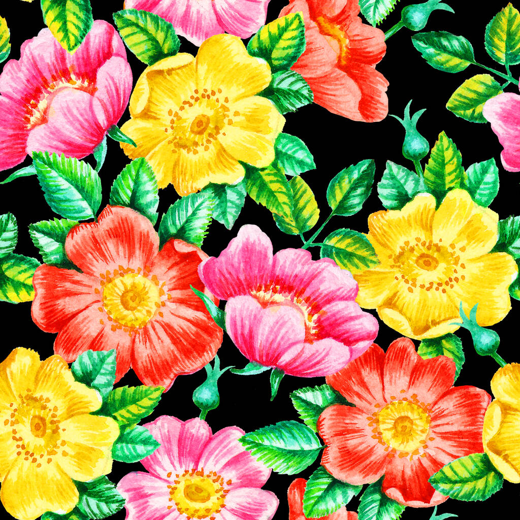 Aquarell-Handfarbe Hunderosenblüten nahtloses Muster, Vorlage für Textilien, Tapeten, Geschenkpapier. - Foto, Bild