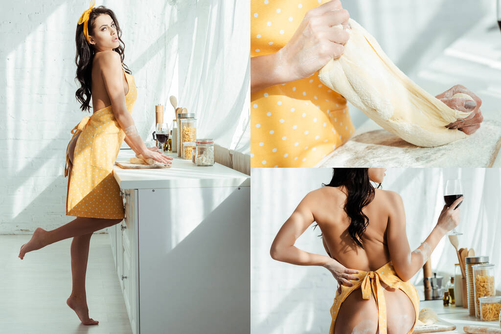 Collage of sensual woman in apron preparing dough and holding glass of wine in kitchen  - Photo, Image