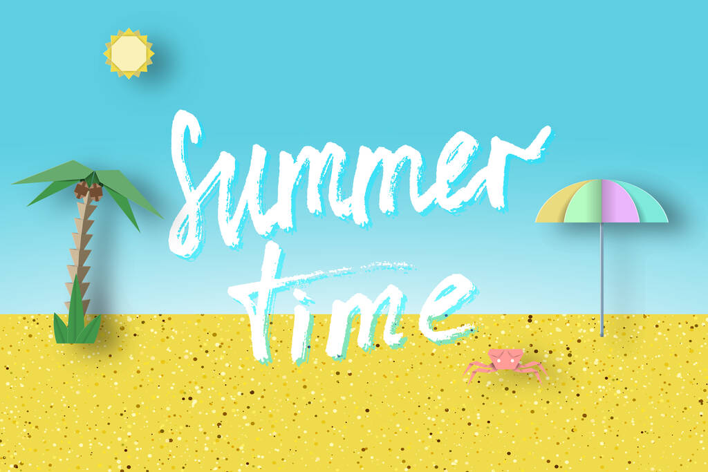 Summer Time Paper Origami Trendy Abstract Concept, Applique Scene with Inscription and Cut Elements. Creative Cutout Template for Season Card, Poster, Banner. Vector Illustration Paper Art Design. - Vector, Image