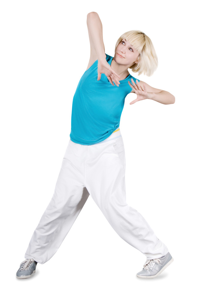 Девушка-подросток танцует хип-хоп над белым
 - Фото, изображение