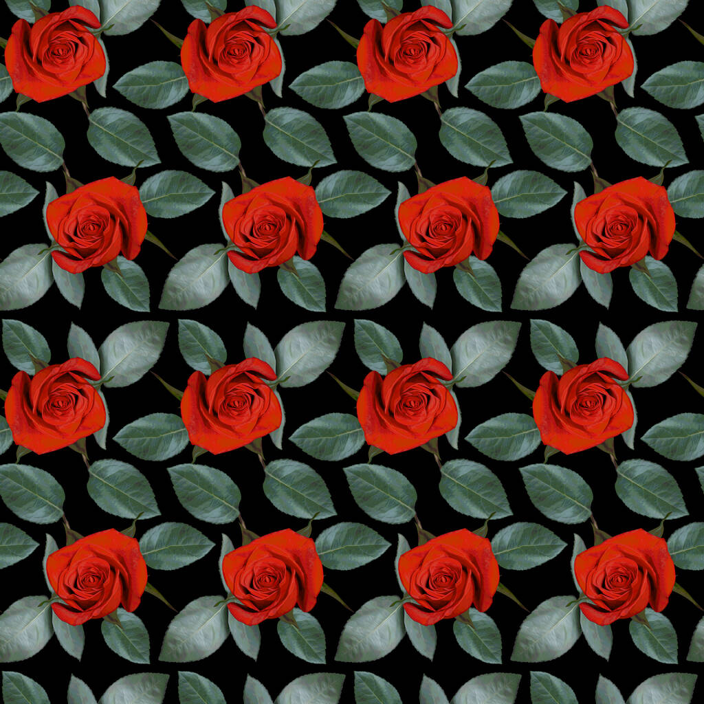 Bezproblémový vzor s červenými květy růží a zelenými listy na černém pozadí. Nekonečná barevná květinová textura. Rastrová ilustrace. - Fotografie, Obrázek
