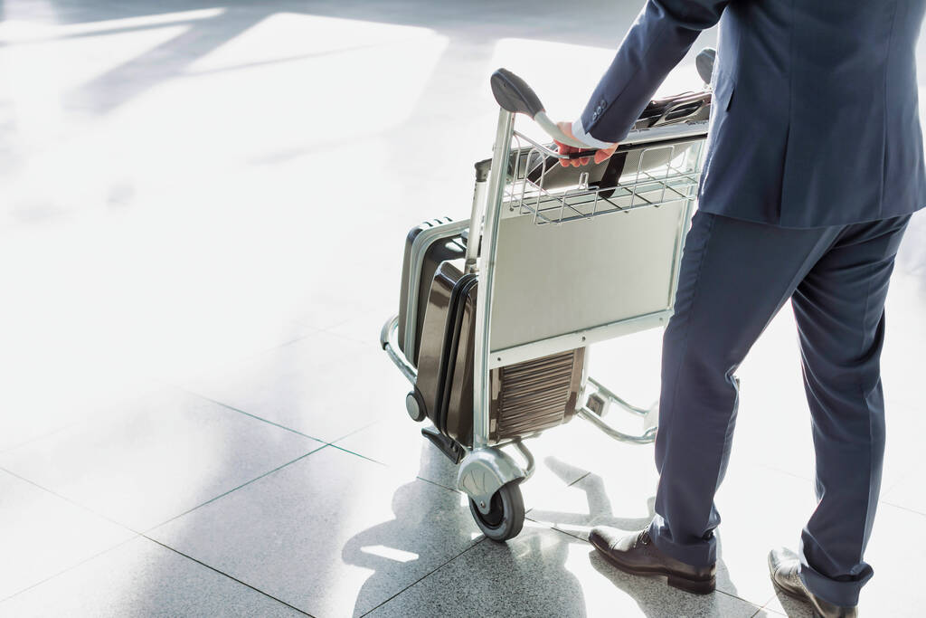 Homme d'affaires mature poussant chariot à bagages pour l'enregistrement à l'aéroport
 - Photo, image