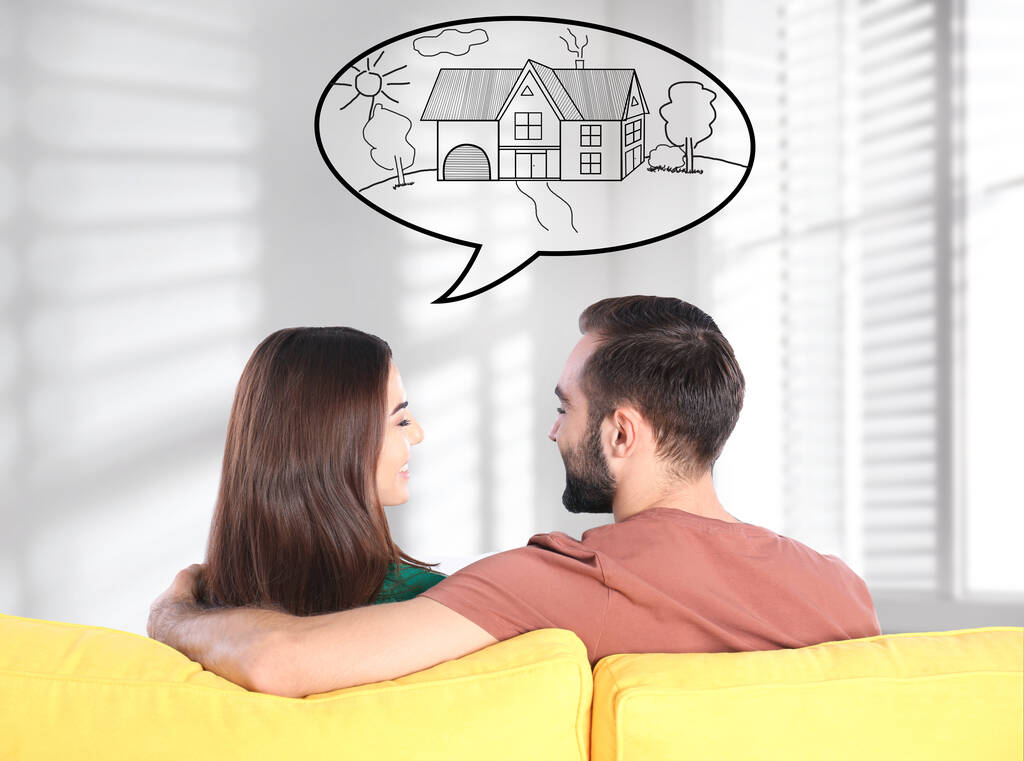 Una pareja soñando con una casa nueva. Ilustración en globo del habla
 - Foto, imagen