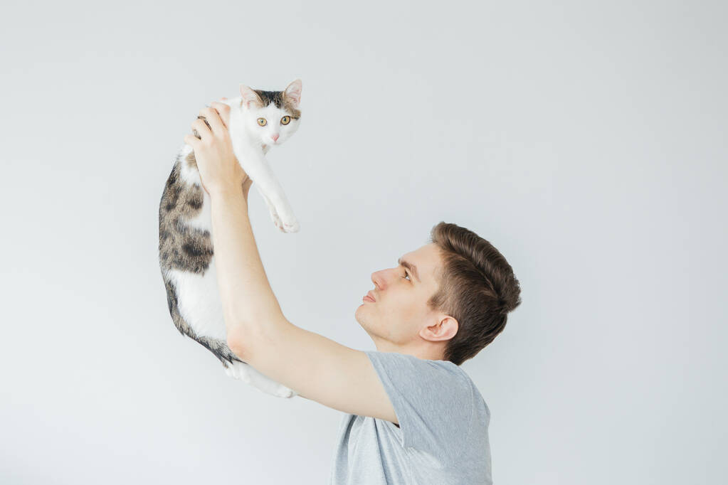 Junger Mann mit Katze auf hellgrauem Hintergrund. Lieblingstier. Mann hält Katze - Foto, Bild