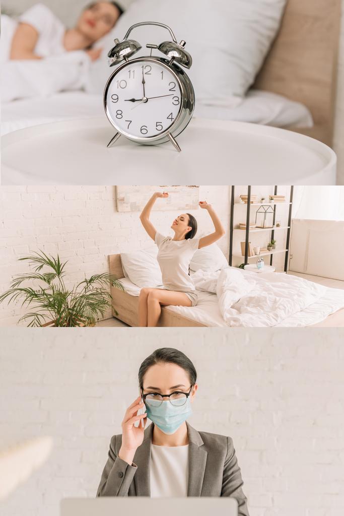 collage of young freelancer sleeping, awakening in morning and talking on smartphone in medical mask at home - Photo, Image