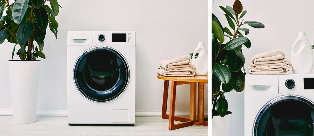Collage grüner Pflanzen in der Nähe von Waschmaschinen, Couchtisch mit Handtüchern und Waschmittelflaschen im Badezimmer  - Foto, Bild