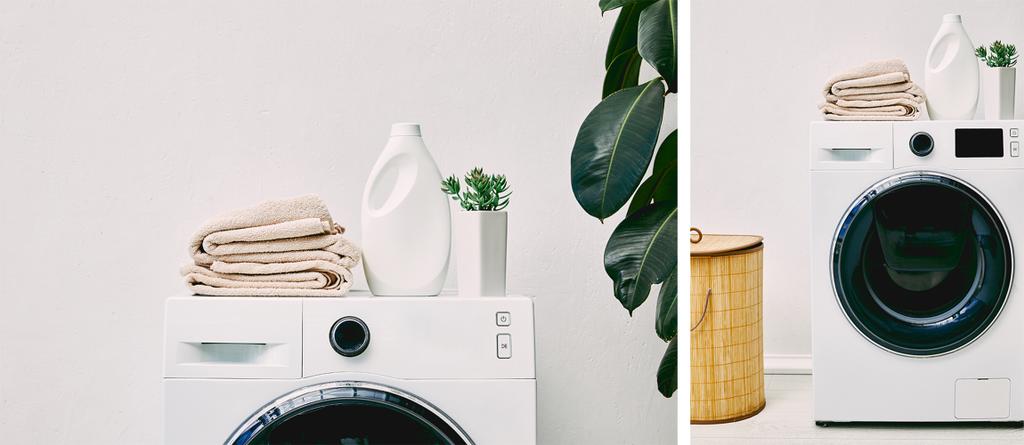 collage of detergent bottles and towels on washing machines near laundry basket and green plants in bathroom  - Photo, Image