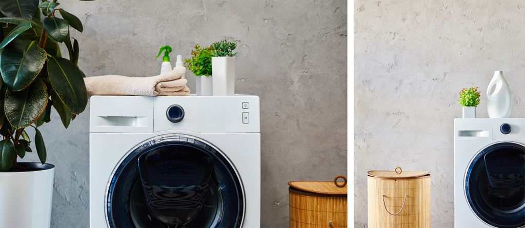 kolaż butelek, roślin i ręczników na pralkach w pobliżu koszy na pranie w nowoczesnej łazience  - Zdjęcie, obraz