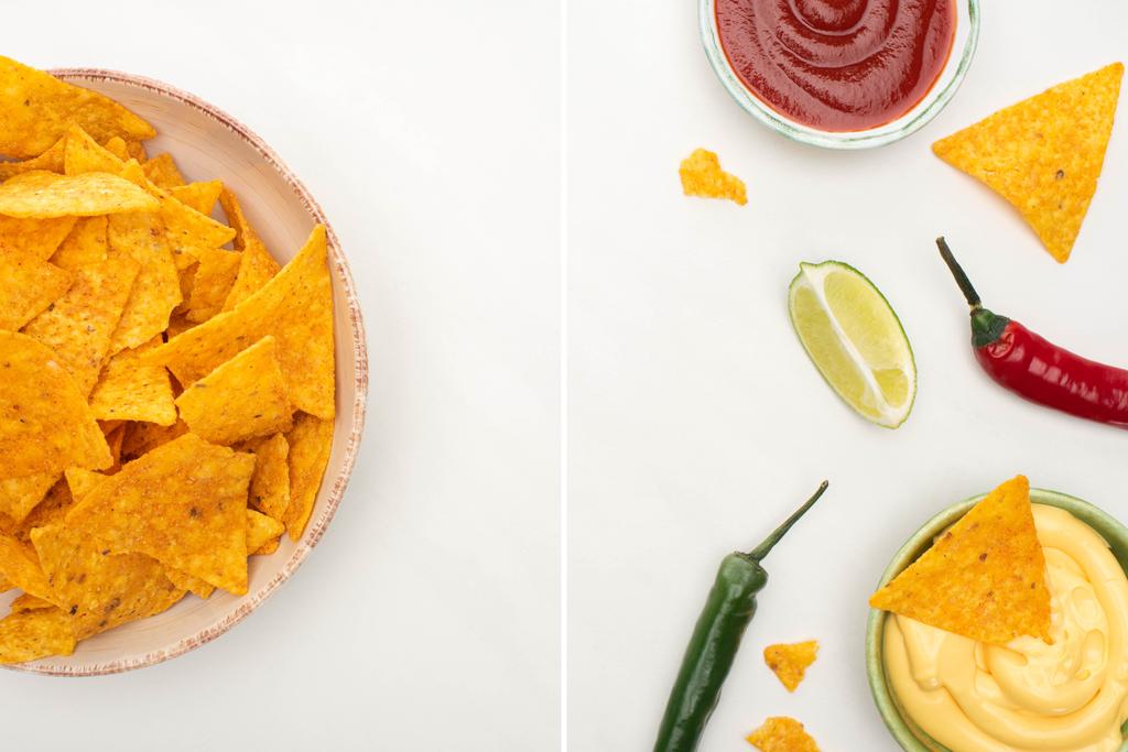 koláž kukuřičných nachos s vápnem, chilli paprikou, kečupem a sýrovou omáčkou na bílém pozadí - Fotografie, Obrázek