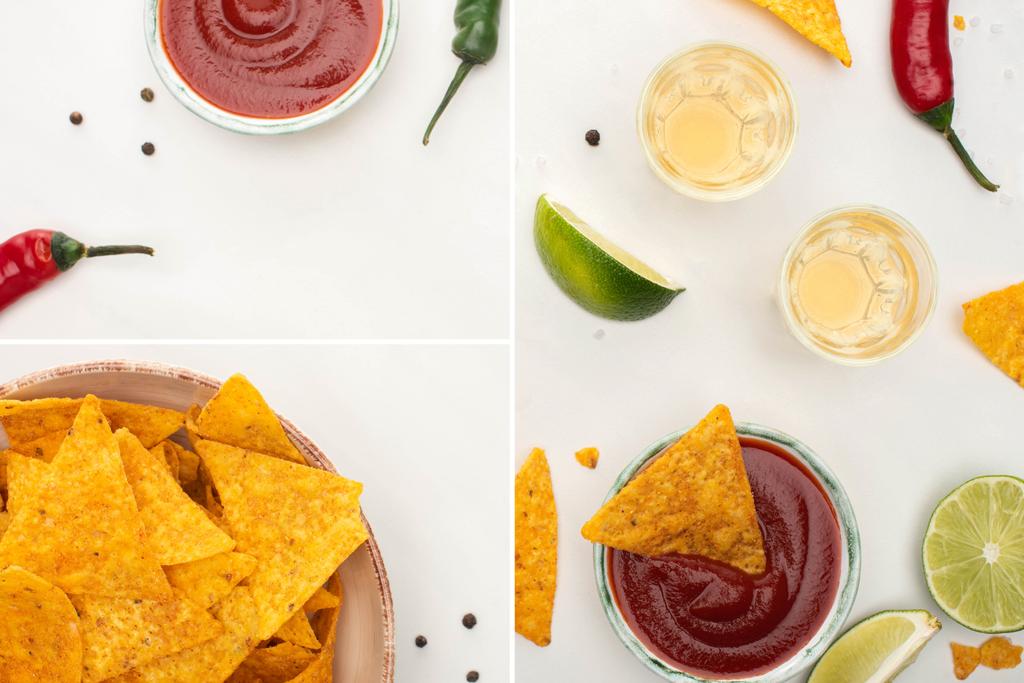 collage of corn nachos with lime, chili, ketchup and tequila on white background - Photo, Image