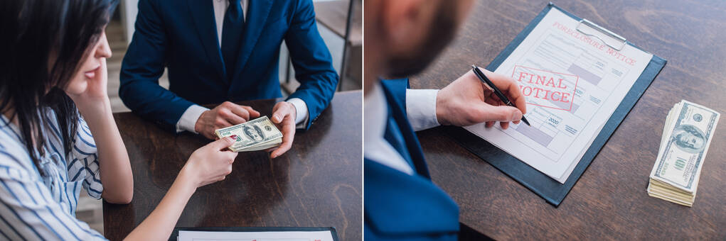 Καλλιεργημένη άποψη της γυναίκας δίνοντας χρήματα σε συλλέκτη και συλλέκτη γραφής σε έγγραφα με την τελική ειδοποίηση επιστολόχαρτα στο τραπέζι, πανοραμική λήψη - Φωτογραφία, εικόνα