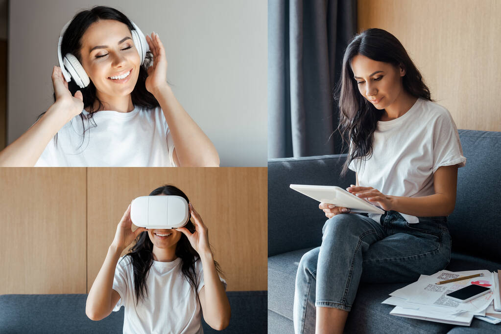 collage avec une femme travaillant avec des documents et une tablette numérique, en utilisant un casque vr et en écoutant de la musique avec des écouteurs sur l'auto-isolation
 - Photo, image