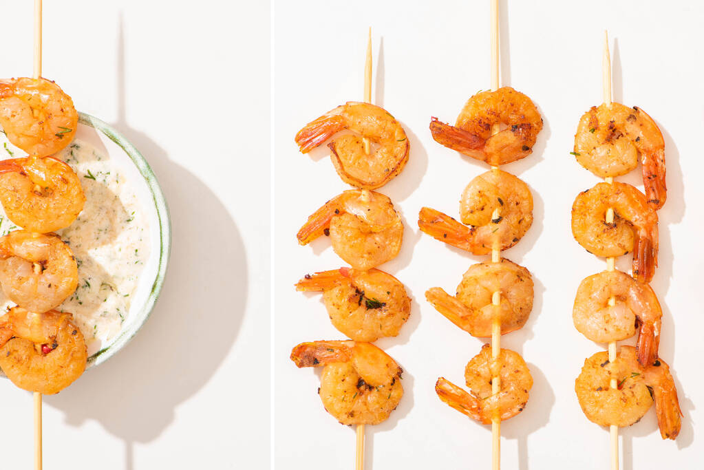 collage di deliziosi gamberi fritti su spiedini con salsa su sfondo bianco
 - Foto, immagini