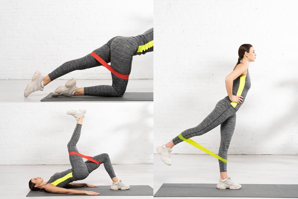 collage of sportive woman with hand on hip working out with resistance band - Photo, Image