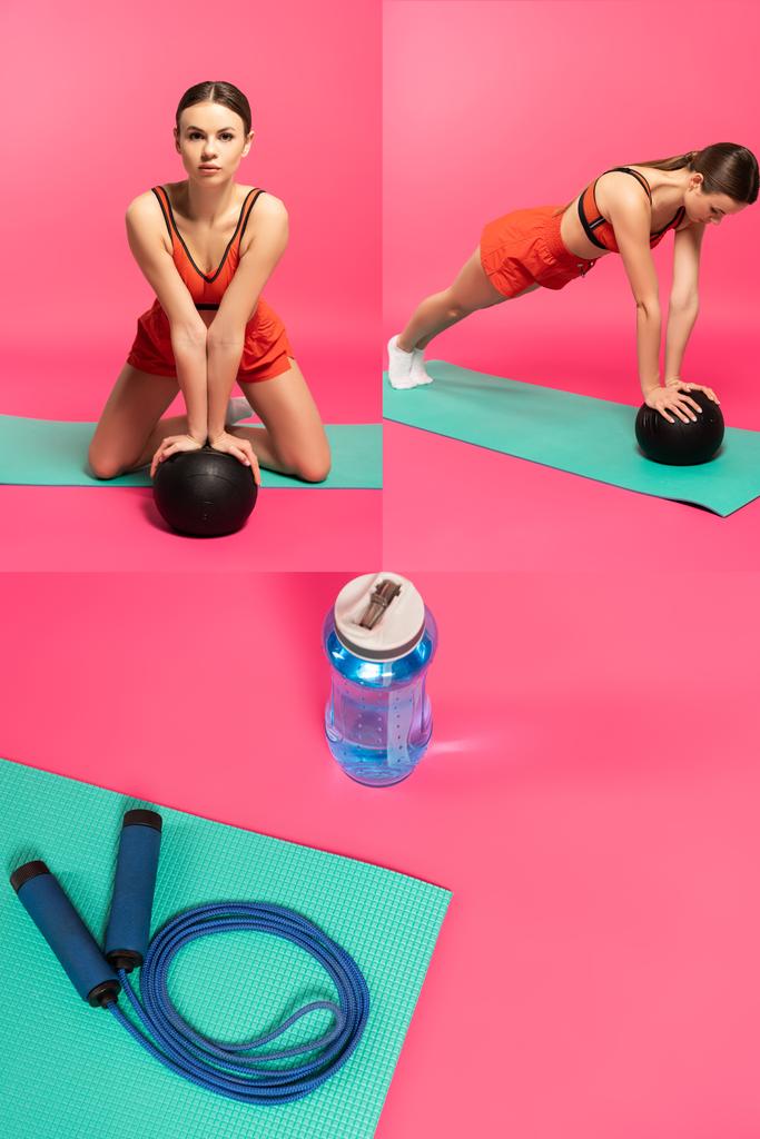 Collage einer jungen Frau in Sportbekleidung, die mit Bällen in der Nähe von Springseil und Sportflasche auf rosa trainiert  - Foto, Bild