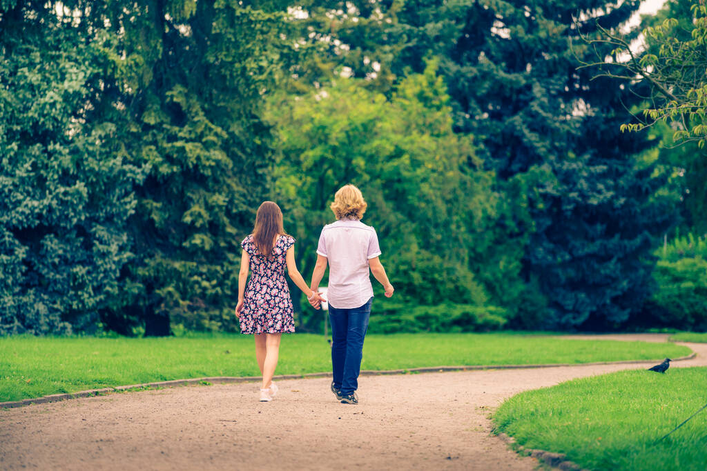 Vista trasera de la pareja caminando en el hermoso parque durante el tiempo de verano tomados de la mano. - Foto, Imagen