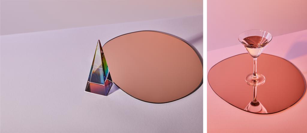 collage de copa de cóctel con líquido sobre espejo con reflejo y pirámide con círculo
 - Foto, Imagen