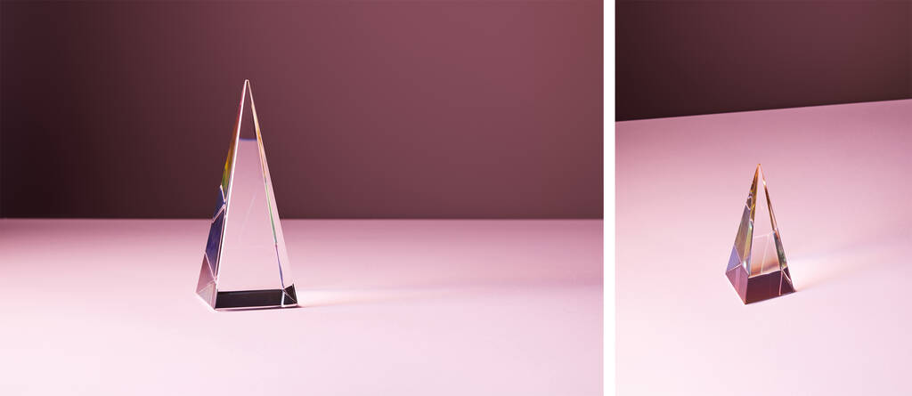 kolaż krystalicznie przezroczystej piramidy z odbiciem światła na różowym tle - Zdjęcie, obraz