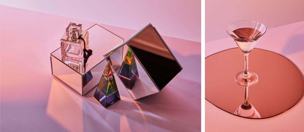 colagem de pirâmide de cristal perto de frasco de perfume em cubos e coquetel de vidro no espelho redondo no fundo rosa
 - Foto, Imagem
