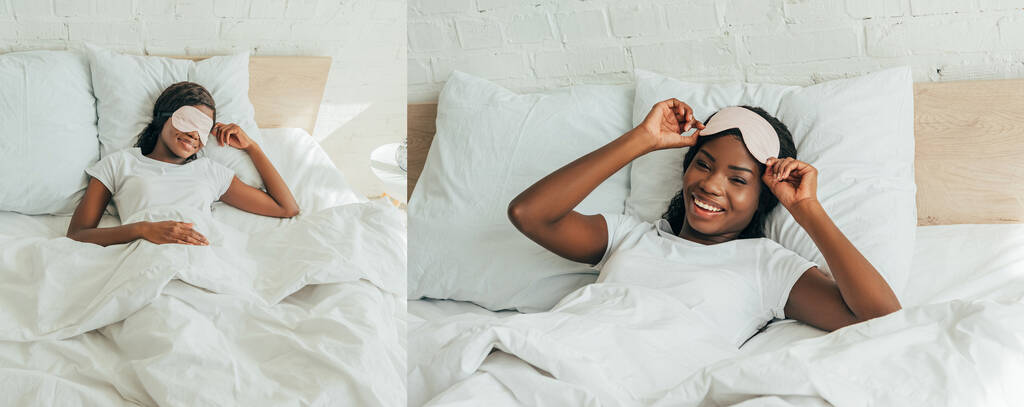 колаж афроамериканської дівчини спить, прокидається і торкається маски для сну, посміхаючись на камеру, панорамна орієнтація
  - Фото, зображення