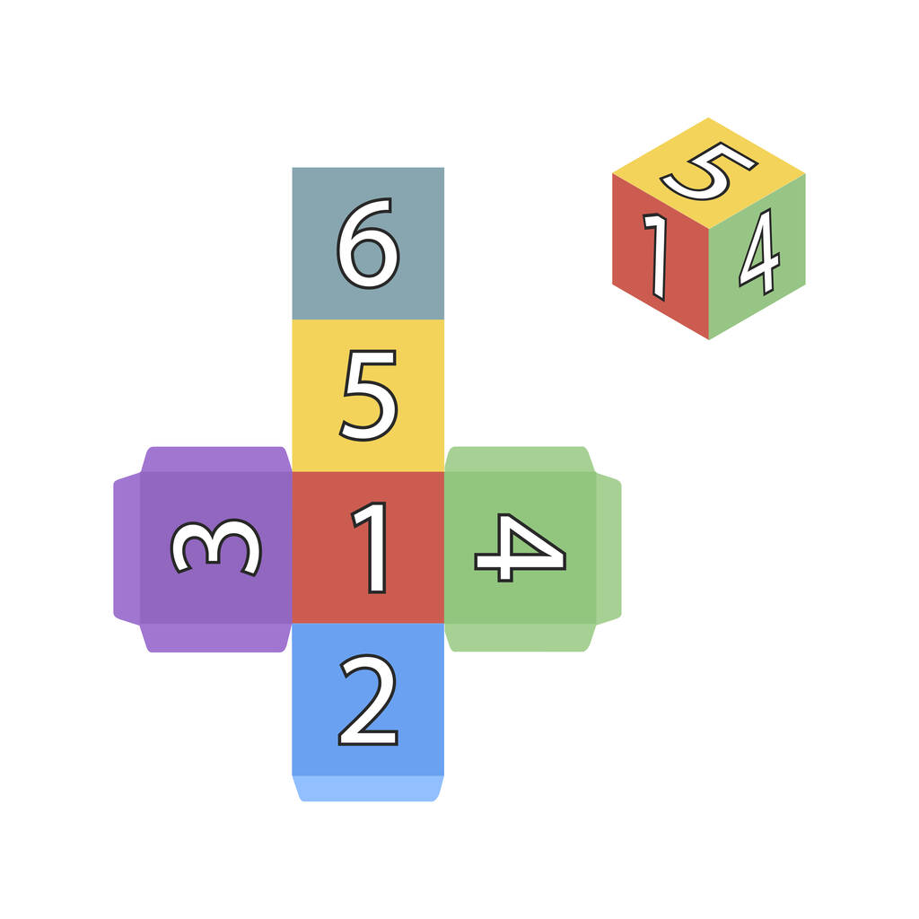 Gamecube voor het afdrukken. Meerkleurige sjabloon van kubus met cijfers. Vectorillustratie - Foto, afbeelding
