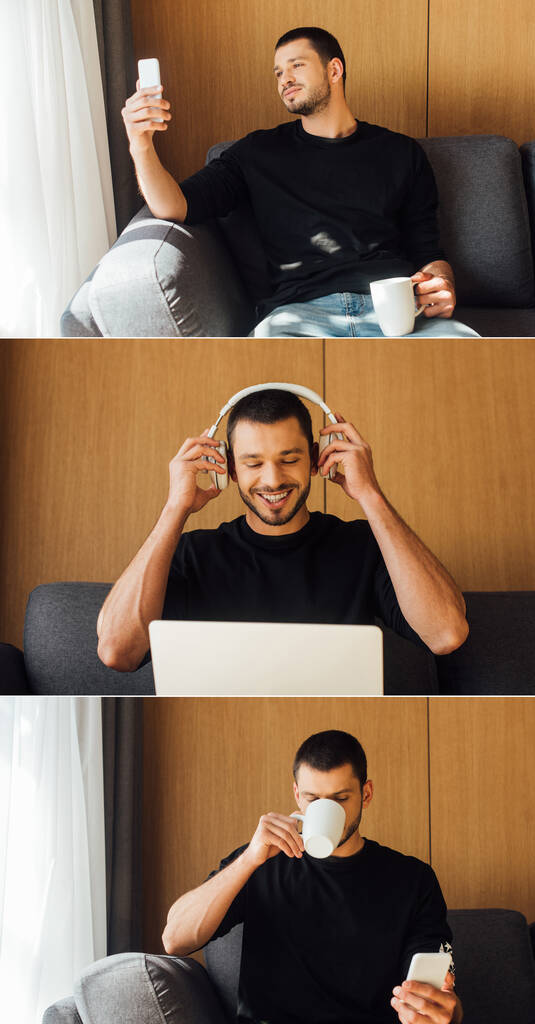 колаж щасливого бородатого фрілансера, який торкається бездротових навушників біля ноутбука, тримаючи смартфони та чашки
 - Фото, зображення