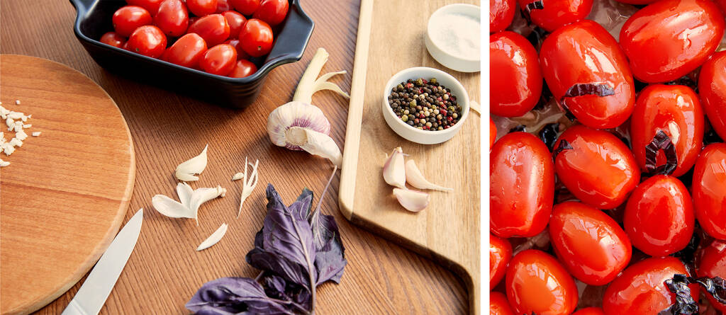 Collage de contenedor con tomates, cuchillo y tablas de cortar con ingredientes sobre fondo de madera, plano panorámico
 - Foto, Imagen