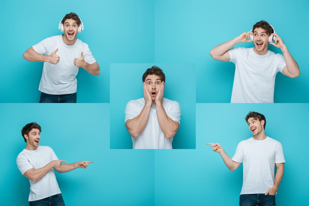 collage van de mens in draadloze hoofdtelefoon tonen duimen omhoog, geschokte man aanraken gezicht, en vrolijke man wijzen met vingers op blauwe achtergrond - Foto, afbeelding