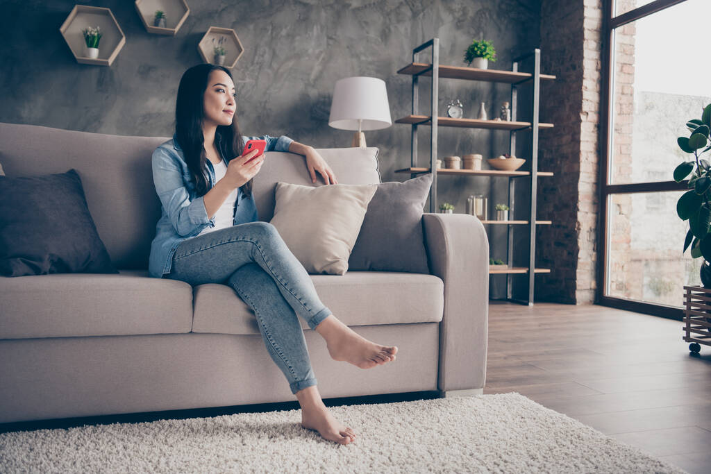 Πορτρέτο της αυτή ωραία ελκυστική όμορφη ονειρική κορίτσι κάθεται στο Divan μόνη της χρησιμοποιώντας ψηφιακή συσκευή 5g app ξοδεύοντας ελεύθερο χρόνο στο σύγχρονο διαμέρισμα πατάρι βιομηχανικό σπίτι επίπεδη σε εσωτερικούς χώρους - Φωτογραφία, εικόνα