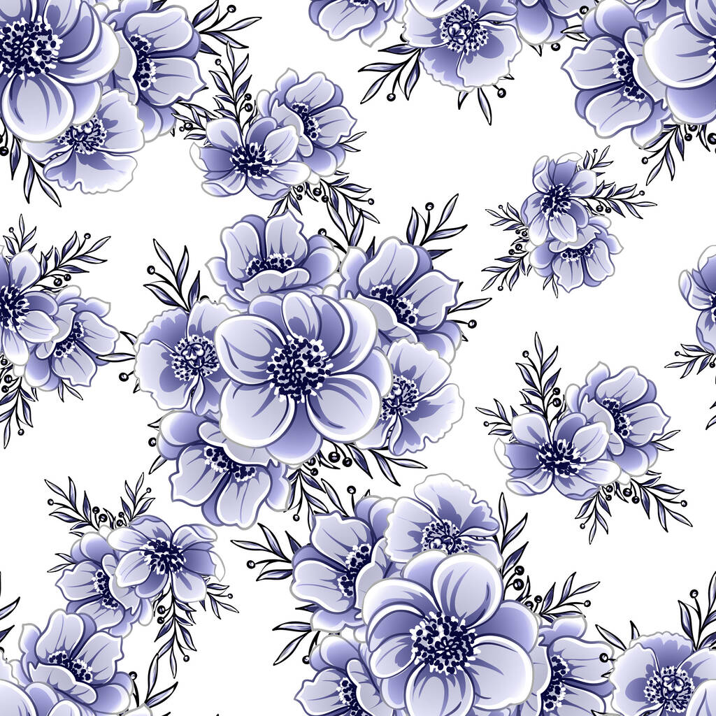 Zökkenőmentes kék monokróm vintage stílusú virágok minta - Vektor, kép
