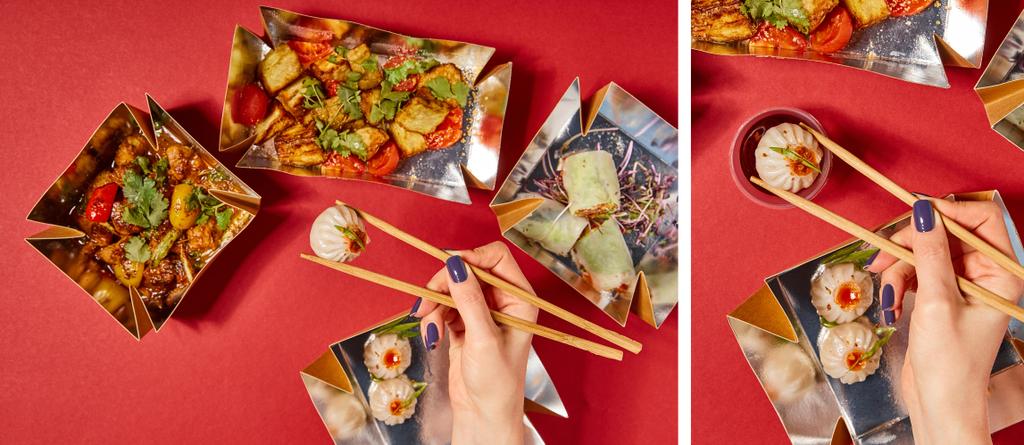kollaasi nainen tilalla syömäpuikot höyrytettyjä pullia lähellä maukasta kiinalaista ruokaa takeaway laatikot punainen
 - Valokuva, kuva