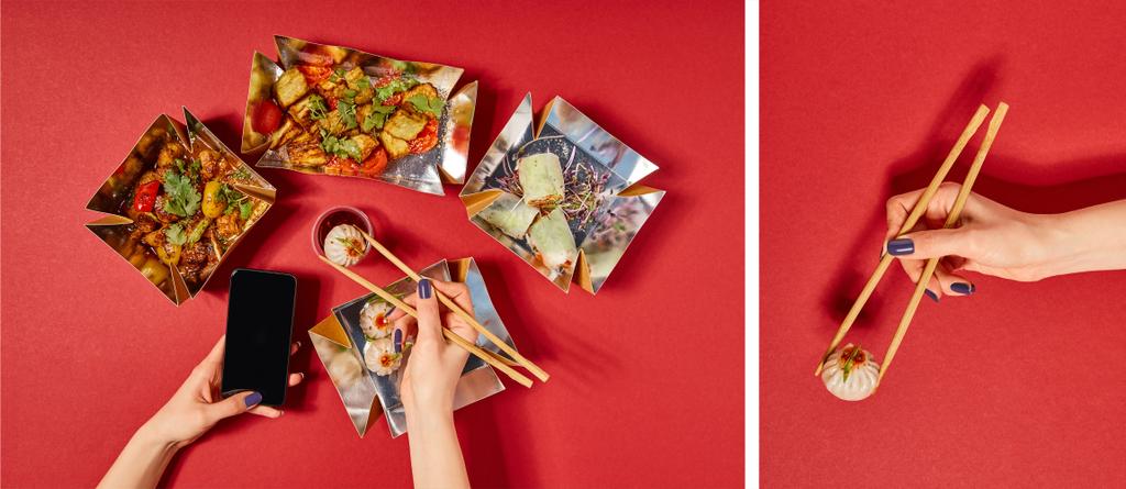 kolaż kobiety trzymającej pałeczki z parą bułek i smartfona z czystym ekranem w pobliżu smacznej chińskiej żywności w pudełkach na wynos na czerwono - Zdjęcie, obraz