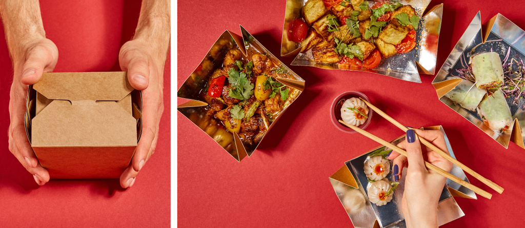колаж чоловіка торкається коробки витягування коробки і жінки, що тримає палички на пару біля і приготованої китайської їжі на червоному
 - Фото, зображення
